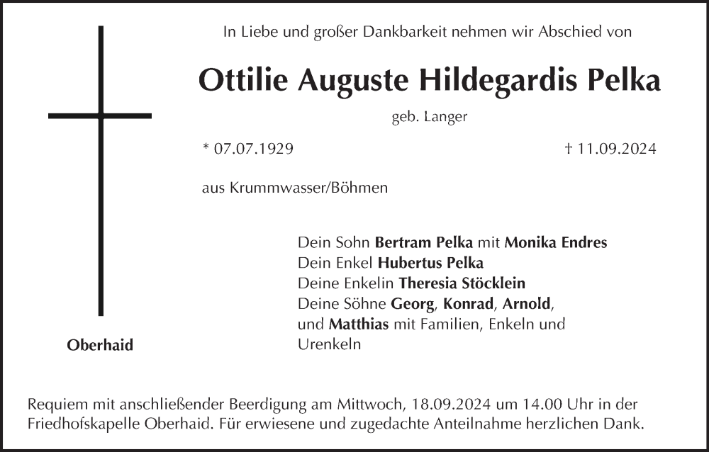  Traueranzeige für Ottilie Auguste Hildegardis Pelka vom 14.09.2024 aus MGO