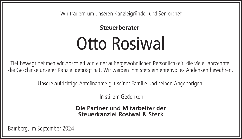  Traueranzeige für Otto Rosiwal vom 21.09.2024 aus MGO