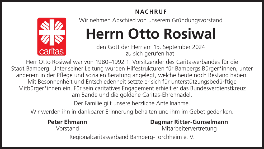  Traueranzeige für Otto Rosiwal vom 26.09.2024 aus MGO