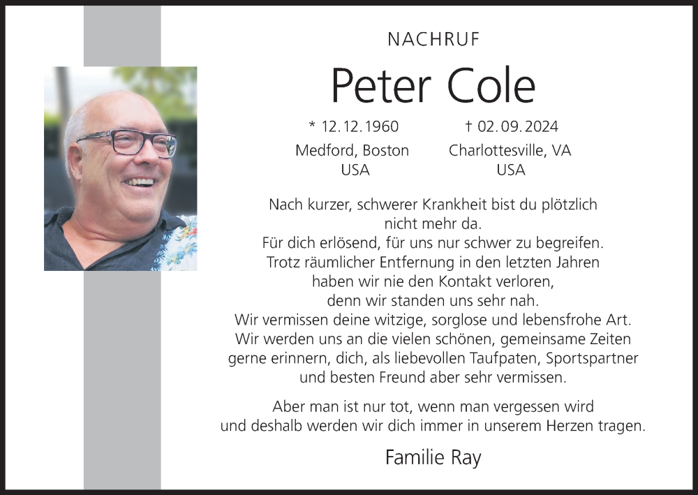  Traueranzeige für Peter Cole vom 21.09.2024 aus MGO