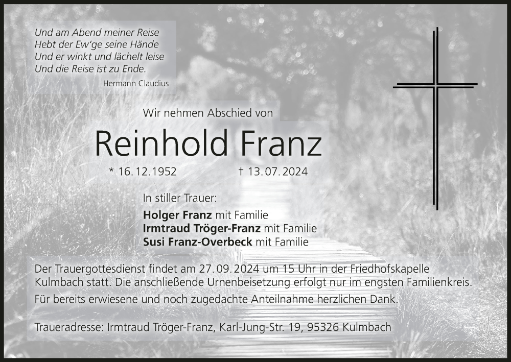  Traueranzeige für Reinhold Franz vom 21.09.2024 aus MGO