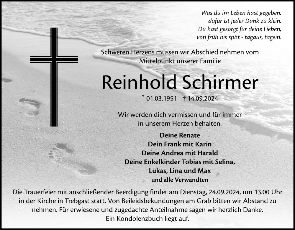  Traueranzeige für Reinhold Schirmer vom 21.09.2024 aus MGO