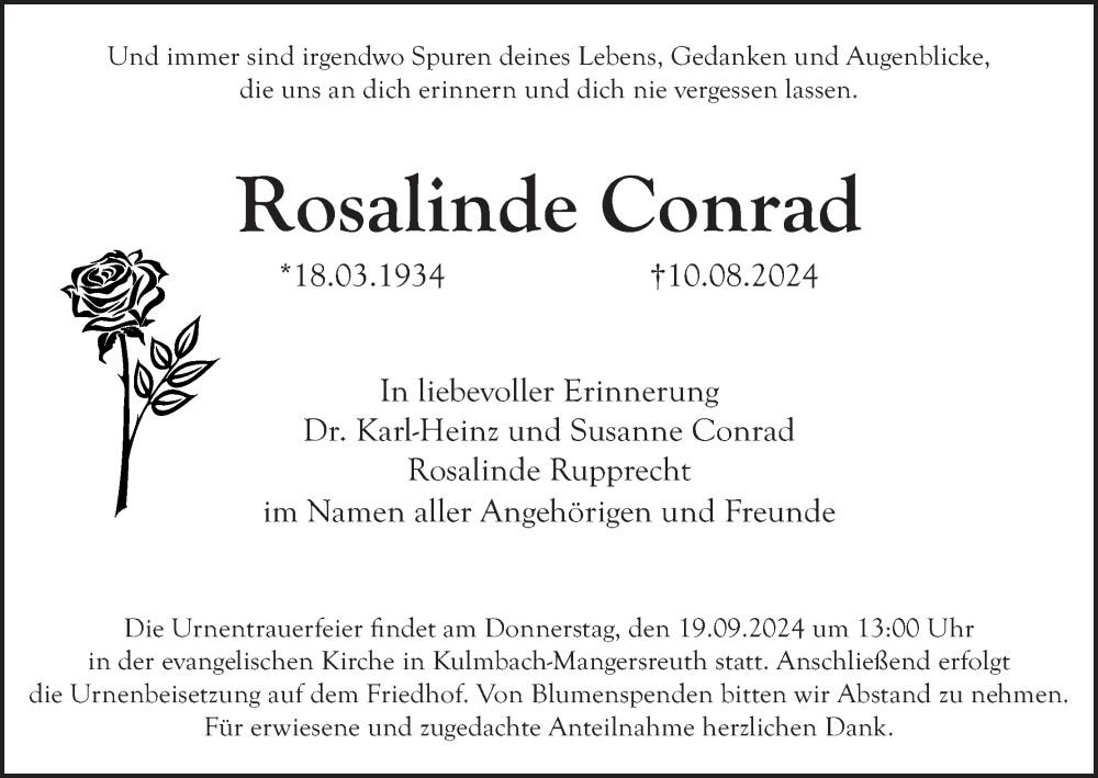  Traueranzeige für Rosalinde Conrad vom 14.09.2024 aus MGO