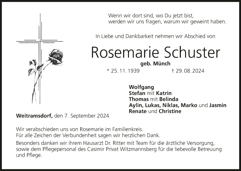 Traueranzeige für Rosemarie Schuster vom 07.09.2024 aus MGO