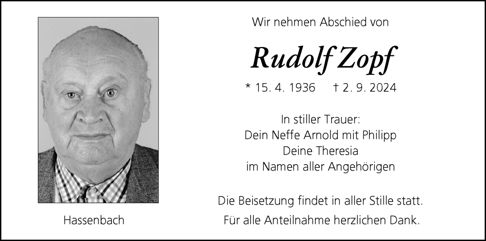  Traueranzeige für Rudolf Zopf vom 07.09.2024 aus MGO