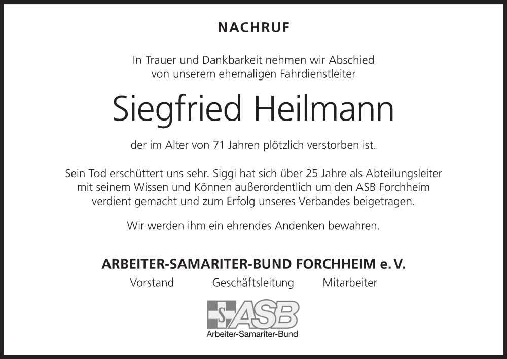  Traueranzeige für Siegfried Heilmann vom 21.09.2024 aus MGO