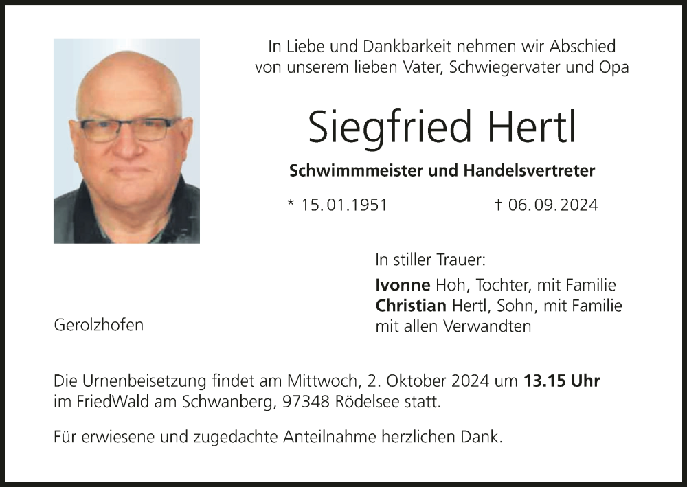  Traueranzeige für Siegfried Hertl vom 28.09.2024 aus MGO