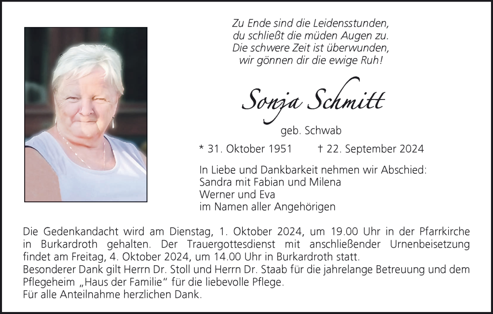  Traueranzeige für Sonja Schmitt vom 28.09.2024 aus MGO