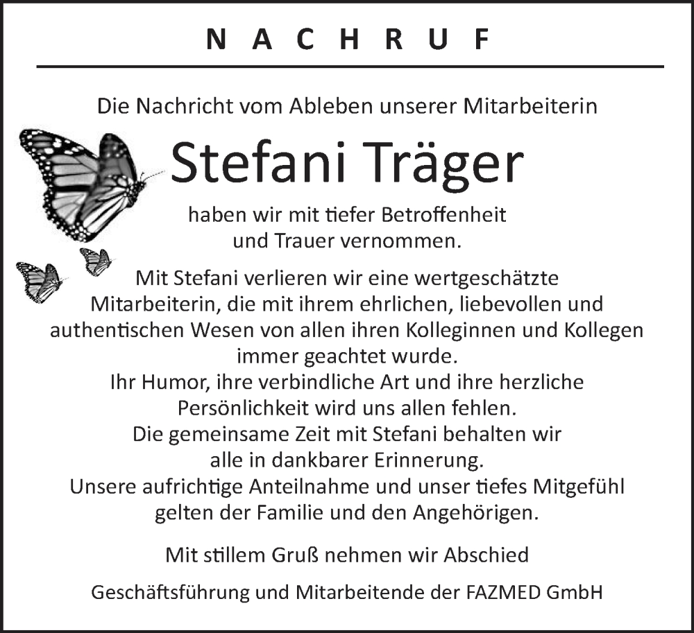  Traueranzeige für Stefani Träger vom 28.09.2024 aus MGO