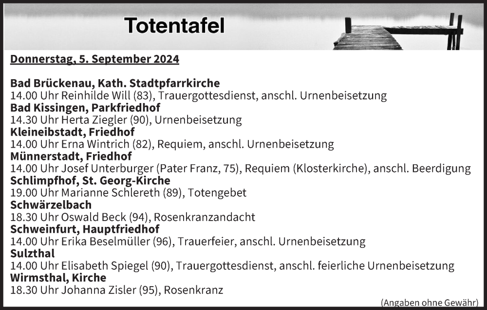  Traueranzeige für Totentafel vom 05.09.2024 vom 05.09.2024 aus MGO