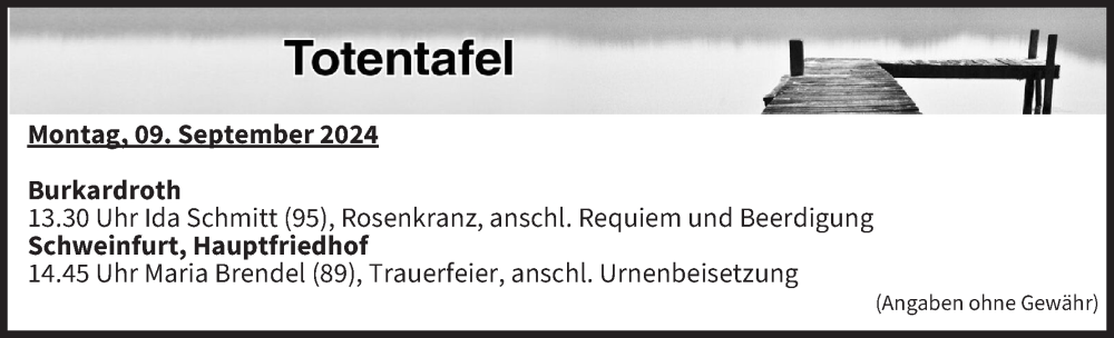  Traueranzeige für Totentafel vom 09.09.2024 vom 09.09.2024 aus MGO