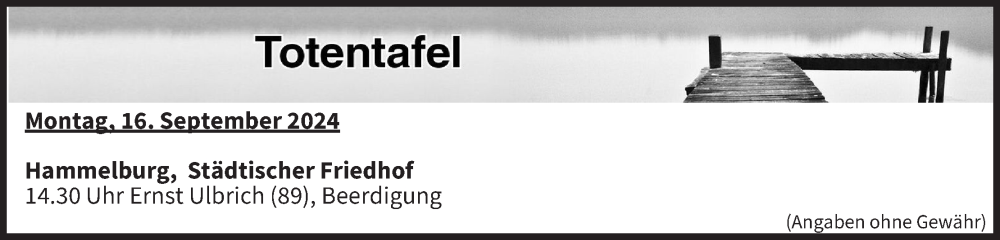  Traueranzeige für Totentafel vom 16.09.2024 vom 16.09.2024 aus MGO
