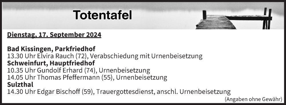  Traueranzeige für Totentafel vom 17.09.2024 vom 17.09.2024 aus MGO