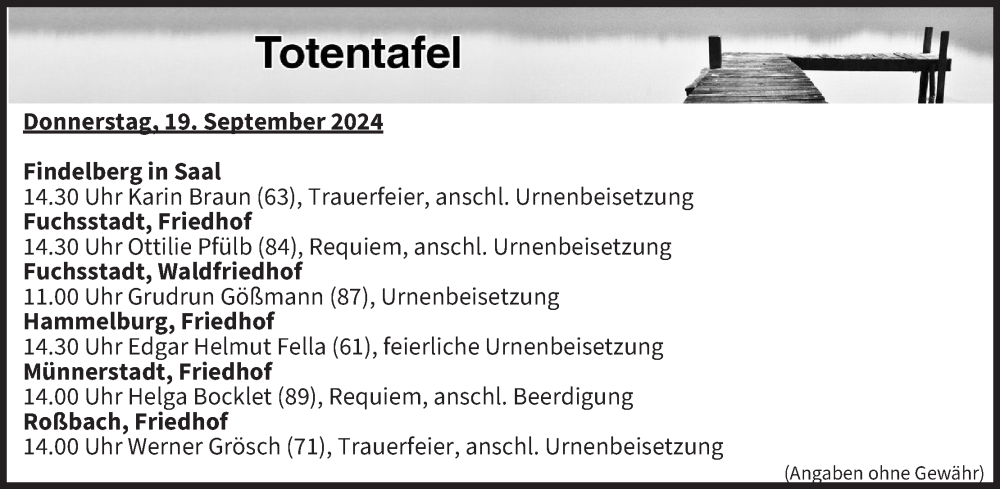  Traueranzeige für Totentafel vom 19.09.2024 vom 19.09.2024 aus MGO