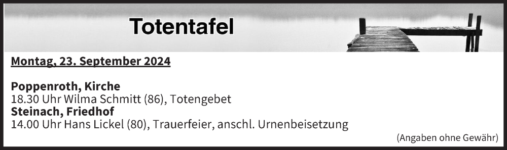  Traueranzeige für Totentafel vom 23.09.2024 vom 23.09.2024 aus MGO
