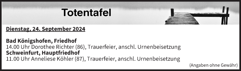  Traueranzeige für Totentafel vom 24.09.2024 vom 24.09.2024 aus MGO
