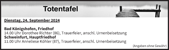Anzeige von Totentafel vom 24.09.2024 von MGO