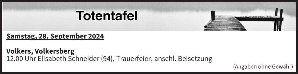  Traueranzeige für Totentafel vom 28.09.2024 vom 28.09.2024 aus MGO