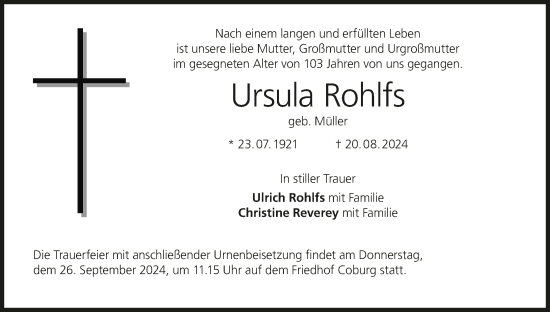 Anzeige von Ursula Rohlfs von MGO