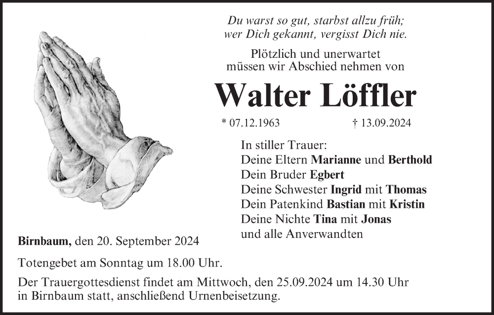  Traueranzeige für Walter Löffler vom 20.09.2024 aus MGO