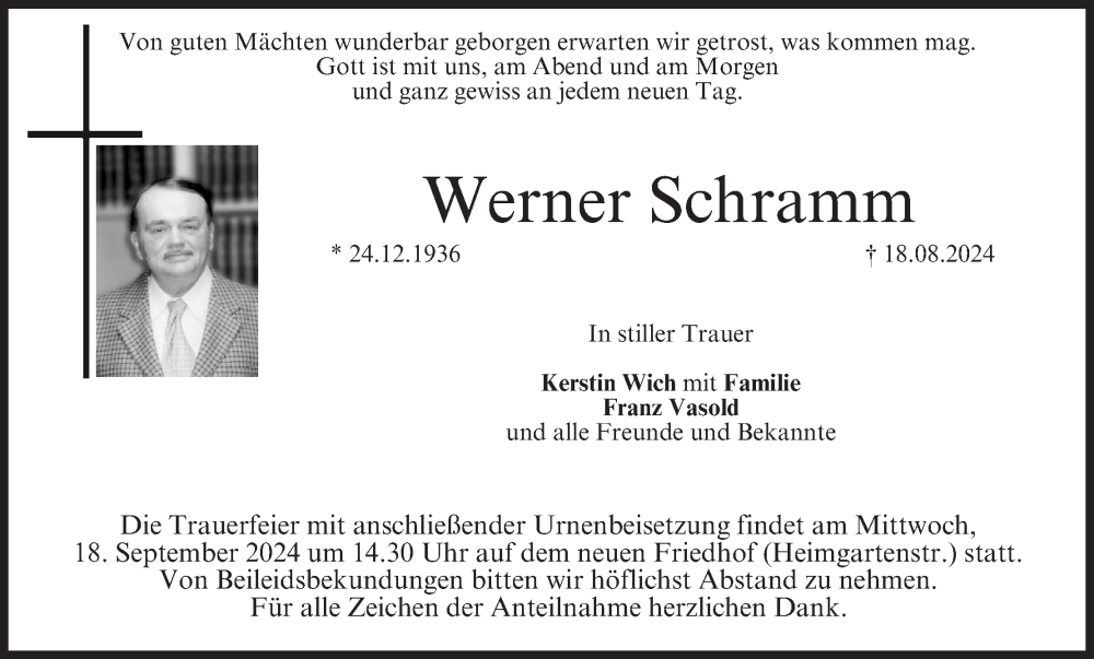  Traueranzeige für Werner Schramm vom 14.09.2024 aus MGO
