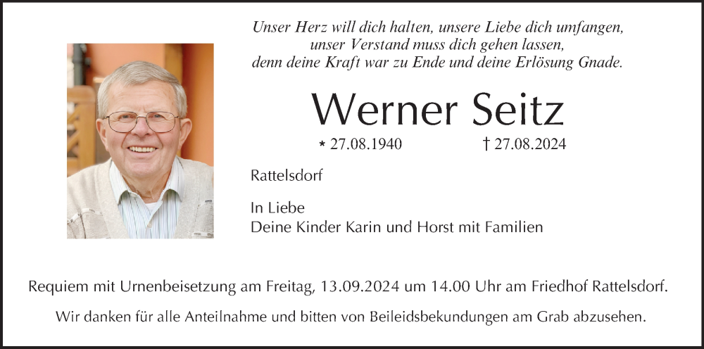  Traueranzeige für Werner Seitz vom 10.09.2024 aus MGO