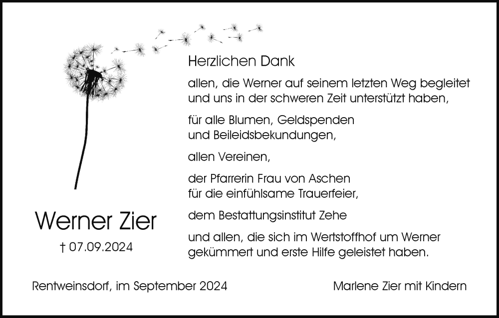  Traueranzeige für Werner Zier vom 28.09.2024 aus MGO