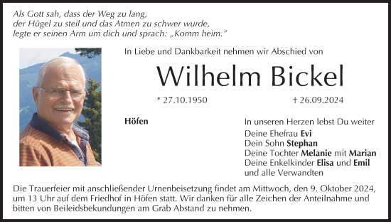 Anzeige von Wilhelm Bickel von MGO