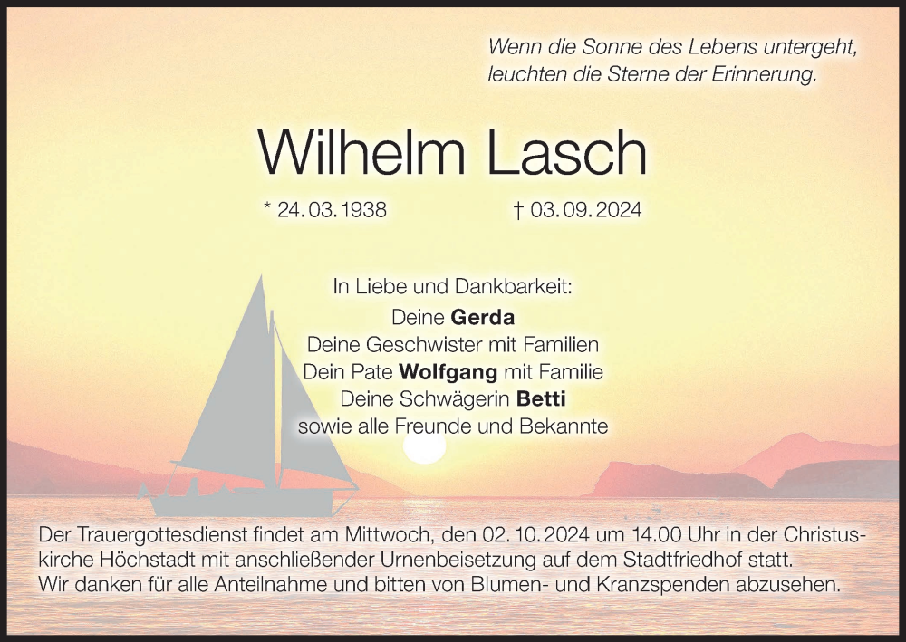  Traueranzeige für Wilhelm Lasch vom 28.09.2024 aus MGO