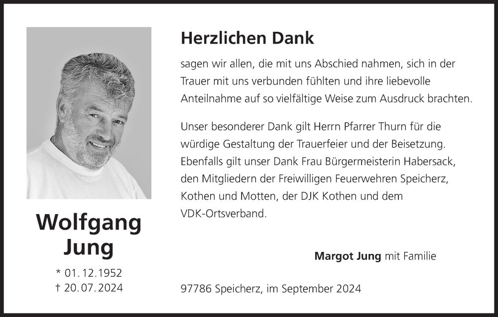  Traueranzeige für Wolfgang Jung vom 07.09.2024 aus MGO