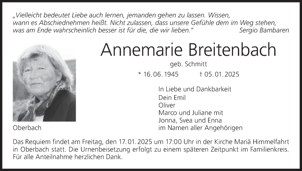  Traueranzeige für Annemarie Breitenbach vom 11.01.2025 aus MGO