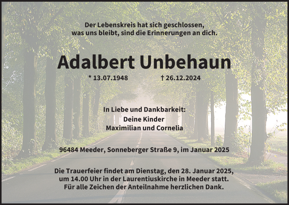  Traueranzeige für Adalbert Unbehaun vom 25.01.2025 aus MGO