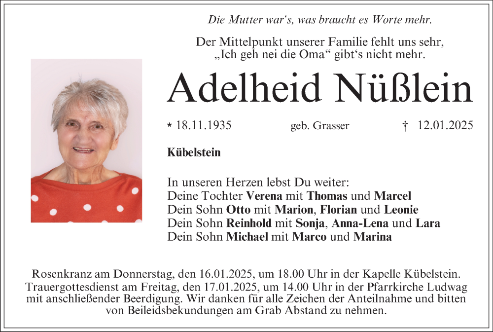  Traueranzeige für Adelheid Nüßlein vom 15.01.2025 aus MGO