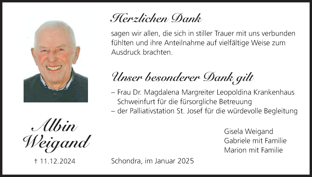  Traueranzeige für Albin Weigand vom 18.01.2025 aus MGO