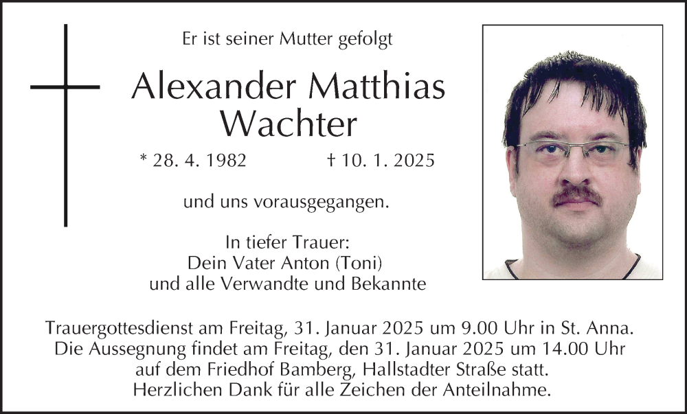  Traueranzeige für Alexander Matthias Wachter vom 25.01.2025 aus MGO