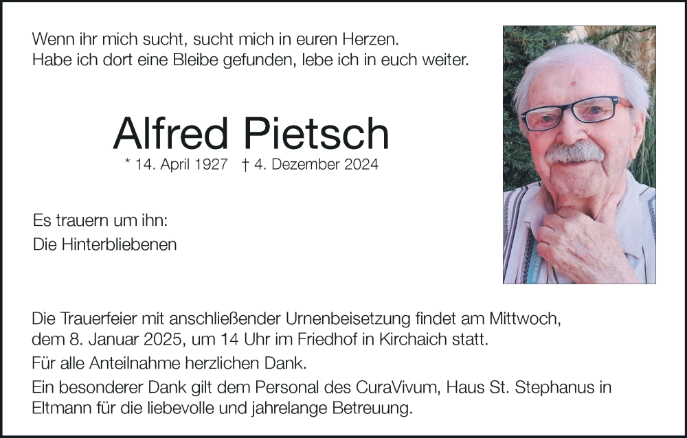  Traueranzeige für Alfred Pietsch vom 04.01.2025 aus MGO