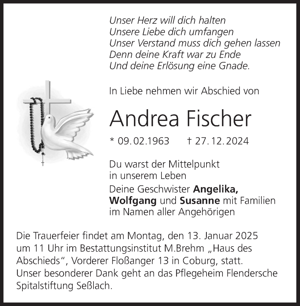  Traueranzeige für Andrea Fischer vom 11.01.2025 aus MGO