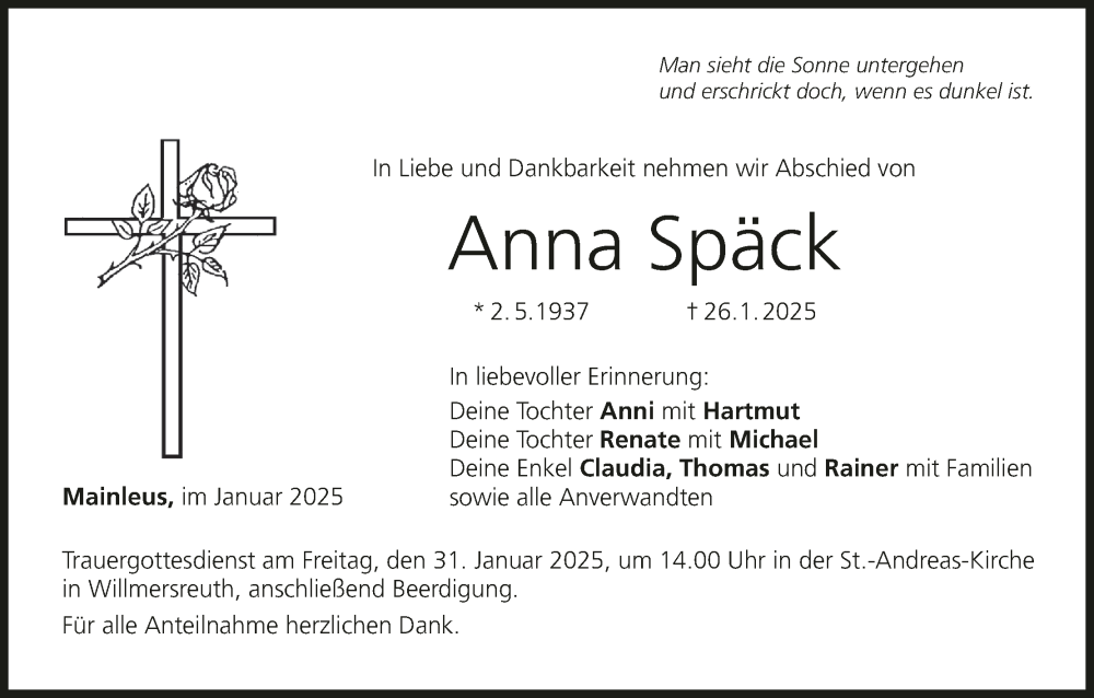  Traueranzeige für Anna Späck vom 29.01.2025 aus MGO