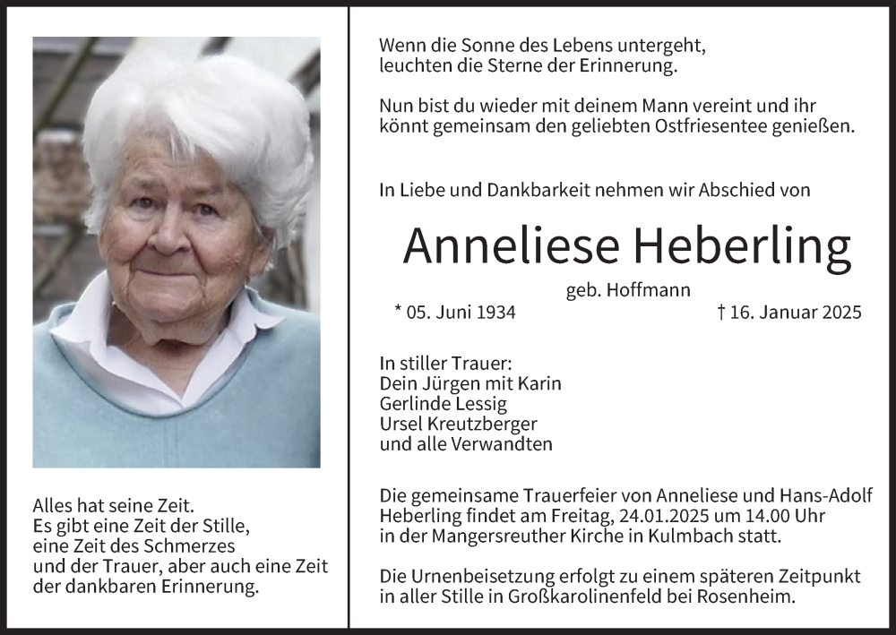  Traueranzeige für Anneliese Heberling vom 18.01.2025 aus MGO