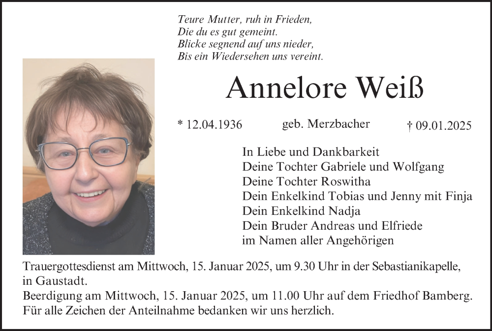  Traueranzeige für Annelore Weiß vom 11.01.2025 aus MGO