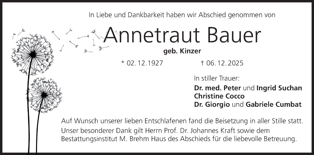  Traueranzeige für Annetraut Bauer vom 18.01.2025 aus MGO