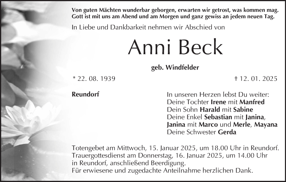  Traueranzeige für Anni Beck vom 14.01.2025 aus MGO