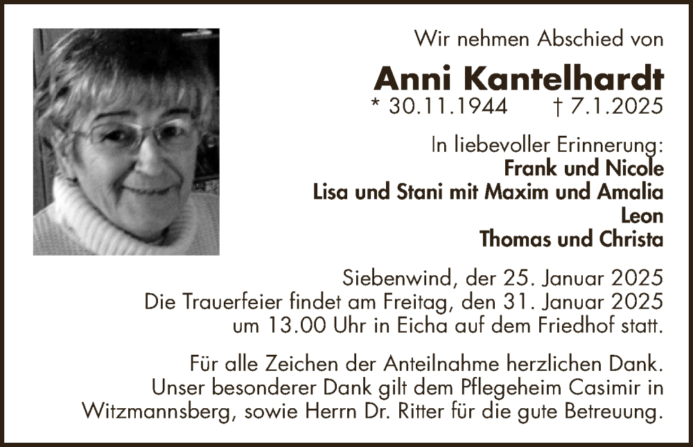  Traueranzeige für Anni Kantelhardt vom 25.01.2025 aus MGO