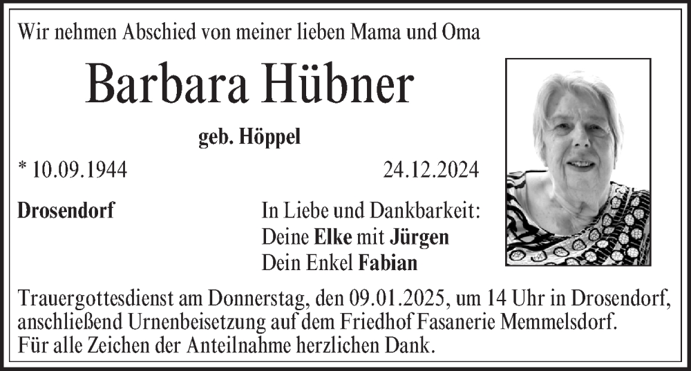  Traueranzeige für Barbara Hübner vom 04.01.2025 aus MGO