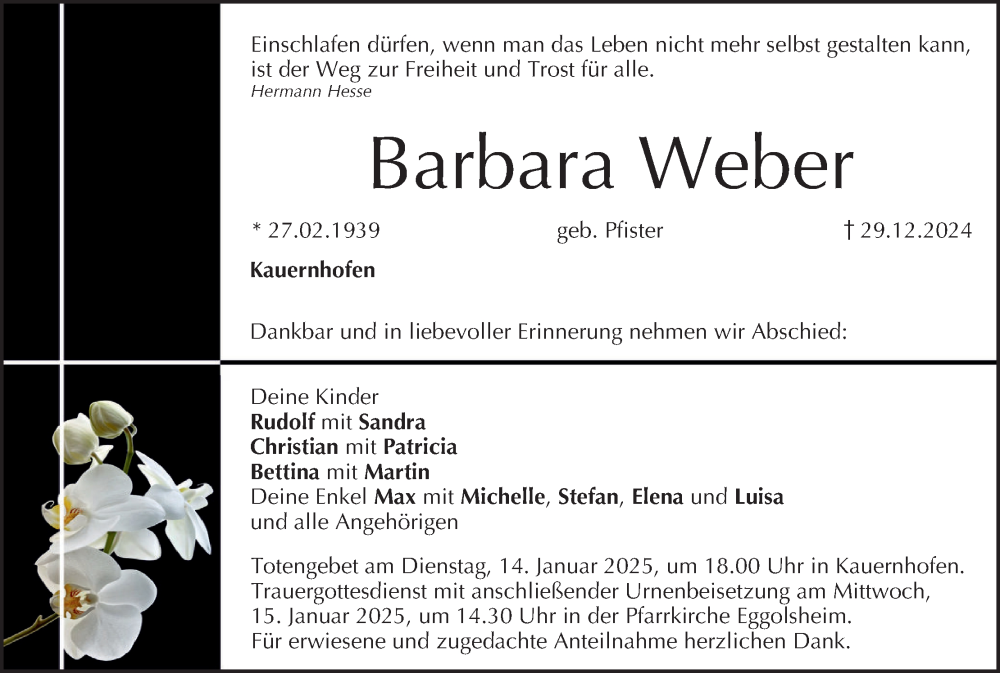  Traueranzeige für Barbara Weber vom 11.01.2025 aus MGO