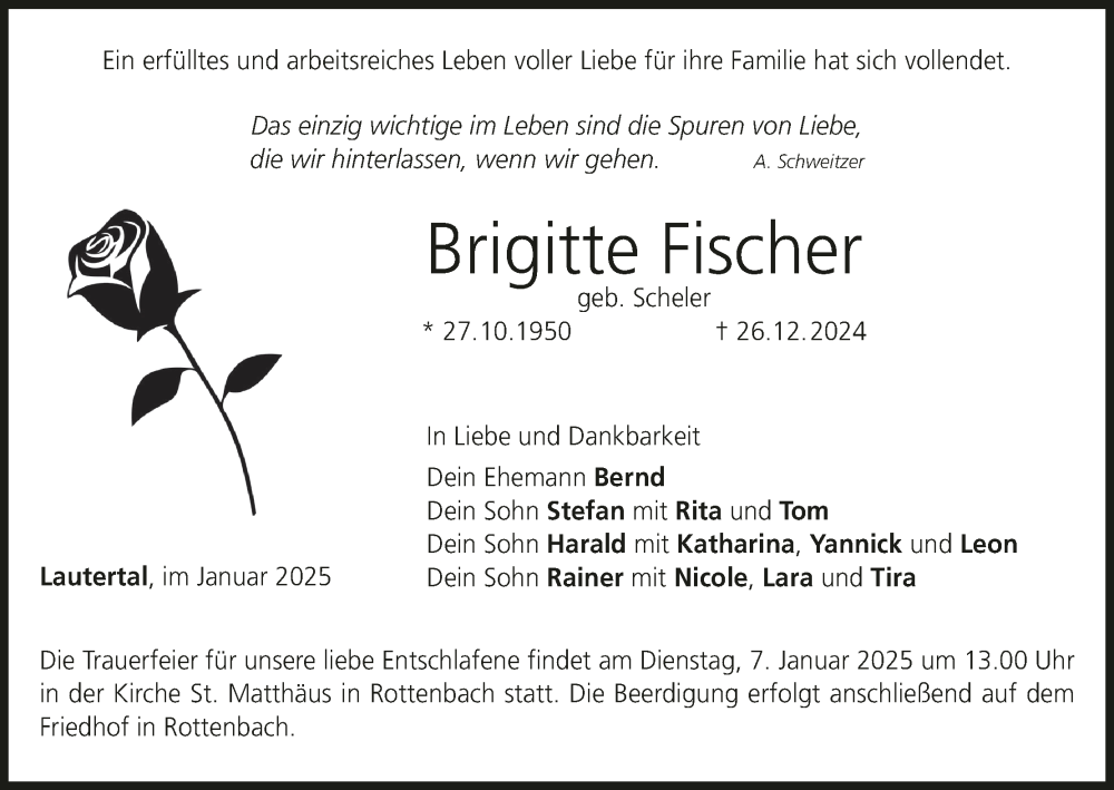  Traueranzeige für Brigitte Fischer vom 04.01.2025 aus MGO