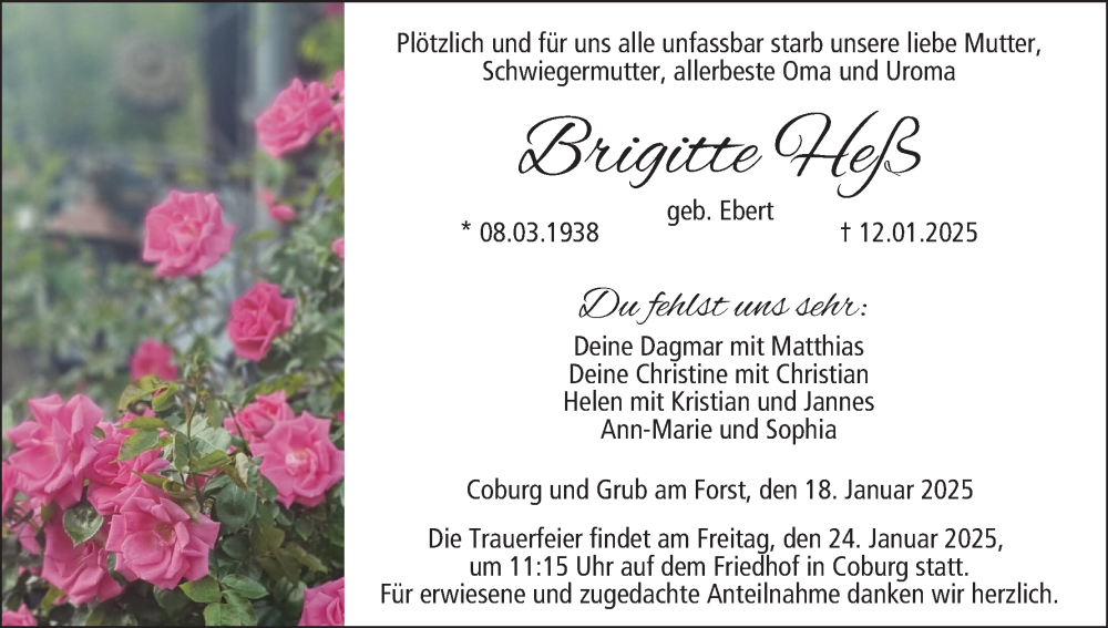  Traueranzeige für Brigitte Heß vom 18.01.2025 aus MGO