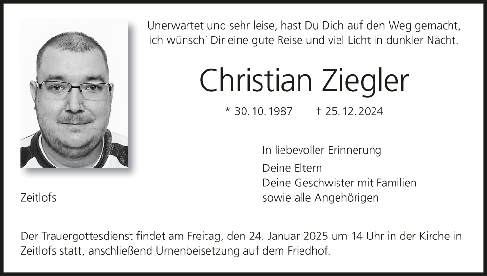  Traueranzeige für Christian Ziegler vom 18.01.2025 aus MGO