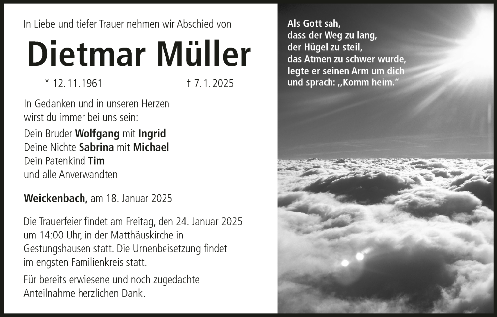  Traueranzeige für Dietmar Müller vom 18.01.2025 aus MGO