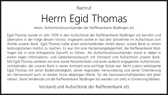 Anzeige von Egid Thomas von MGO